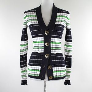 Tory Burch Navy, White & Green Striped Ribbed Cardigan